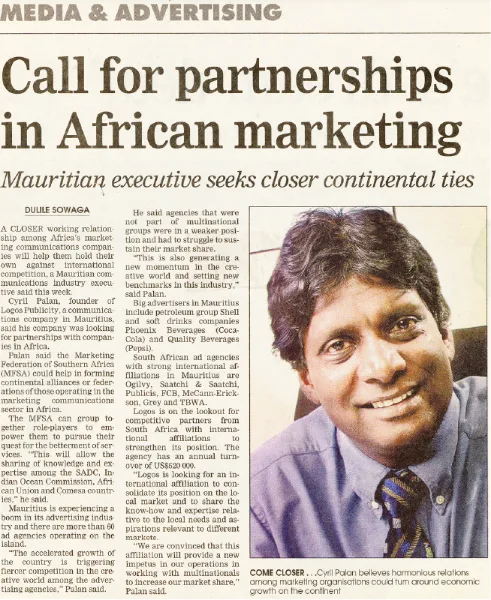 Call for partnerships in African marketing, 2004, Logos, Press excerpts, Logos Publicity Limited, Mauritius