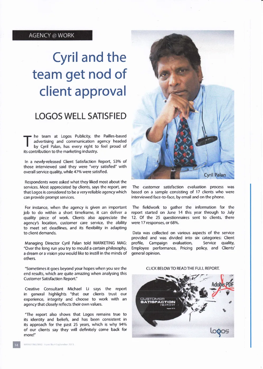 Marketing Mag: Client satisfaction report, 2013, Logos, Press excerpts, Logos Publicity Limited, Mauritius