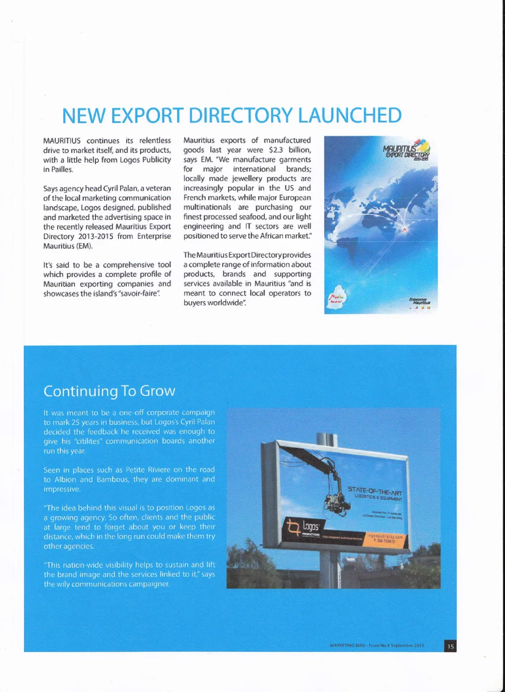 Marketing Mag: still growing at 25, 2013, Logos, Press excerpts, Logos Publicity Limited, Mauritius