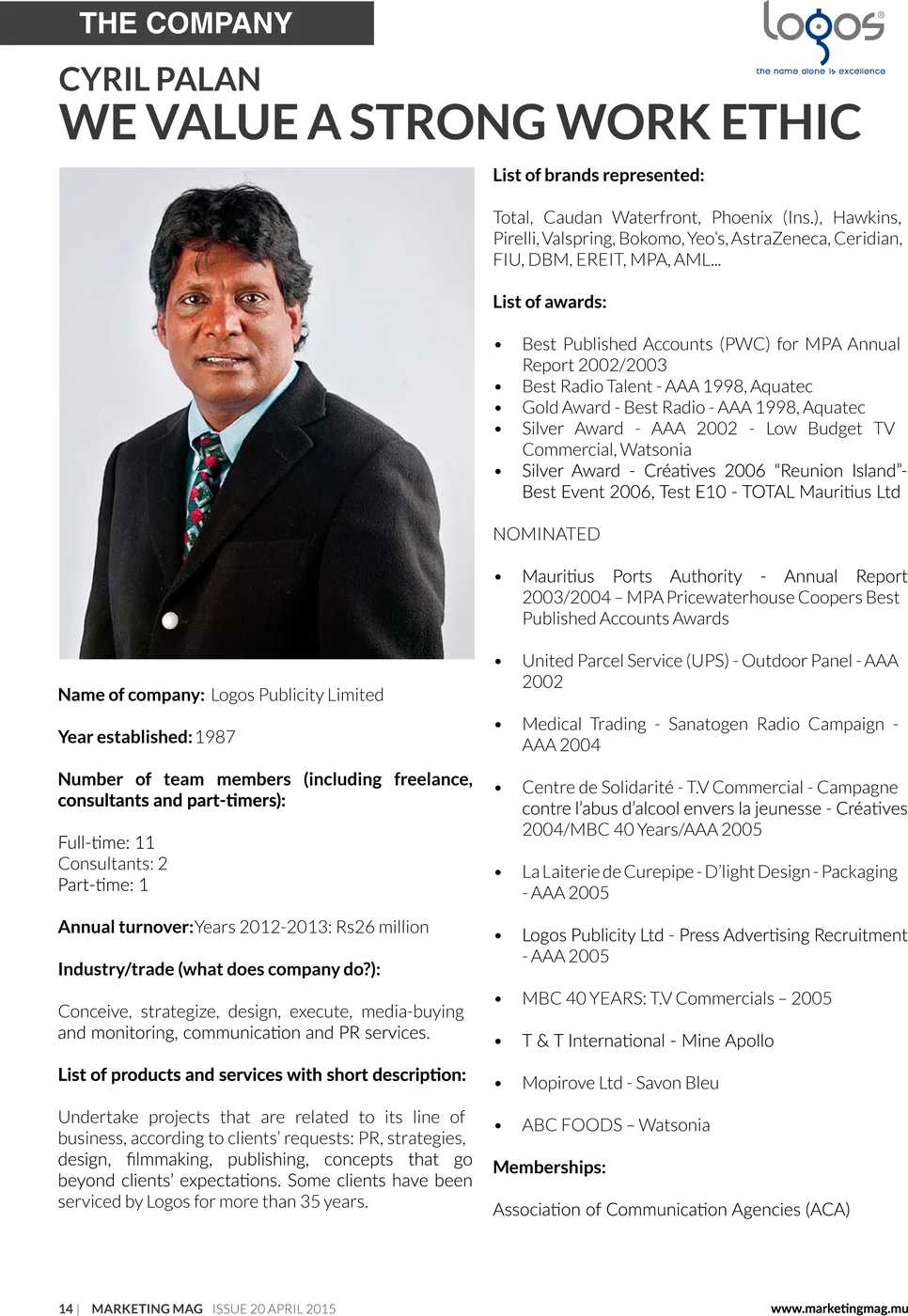 Marketing Mag: Logos company profile, 2015, Logos, Press excerpts, Logos Publicity Limited, Mauritius