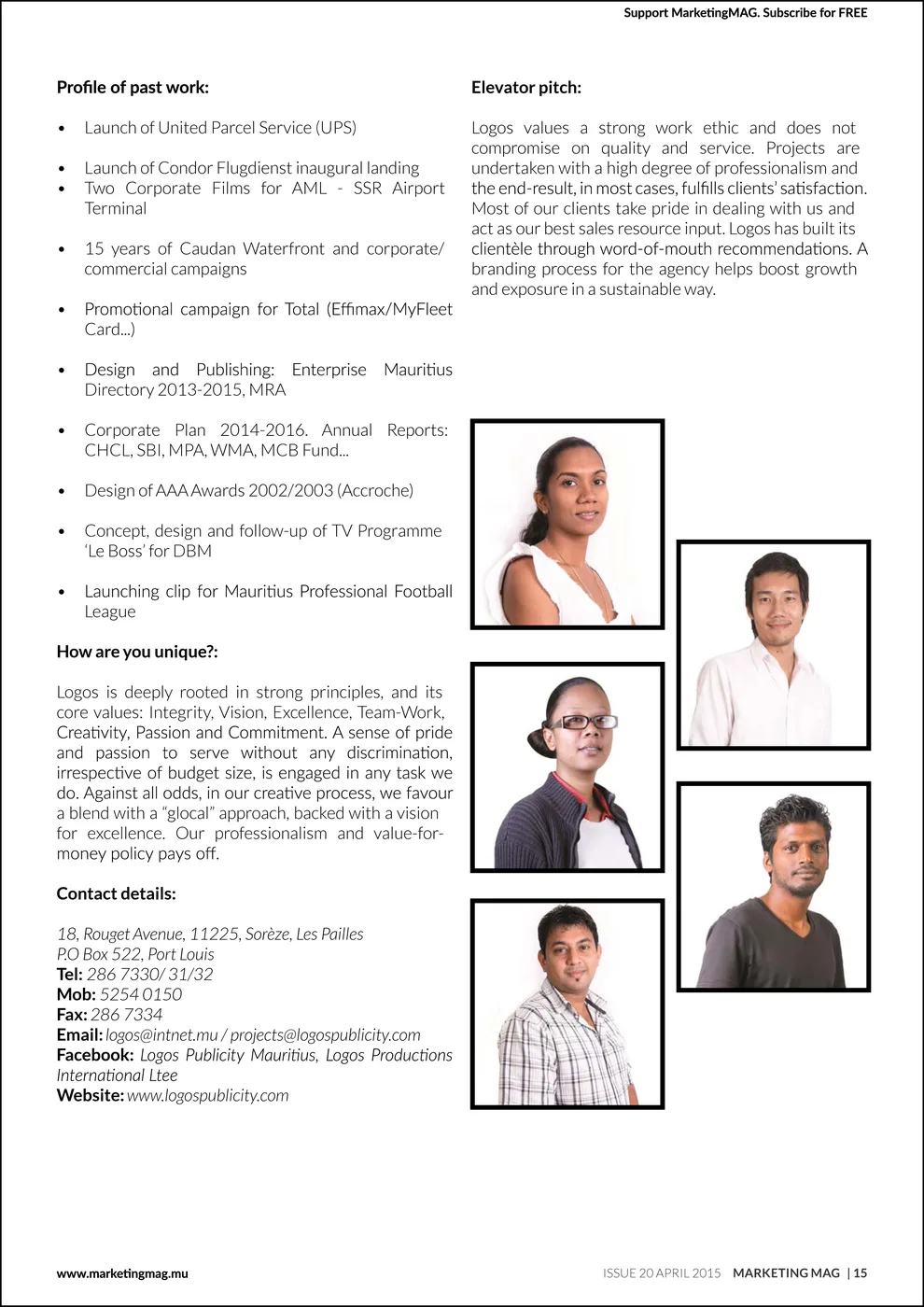 Marketing Mag: Logos projects and faces, 2015, Logos, Press excerpts, Logos Publicity Limited, Mauritius