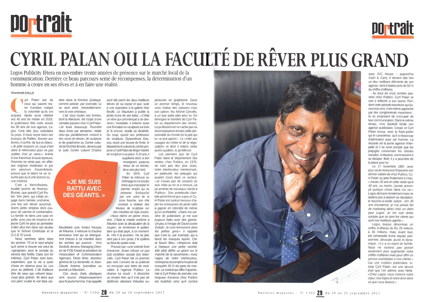 Business Magazine: rêver plus grand, 2017, Logos, Press excerpts, Logos Publicity Limited, Mauritius