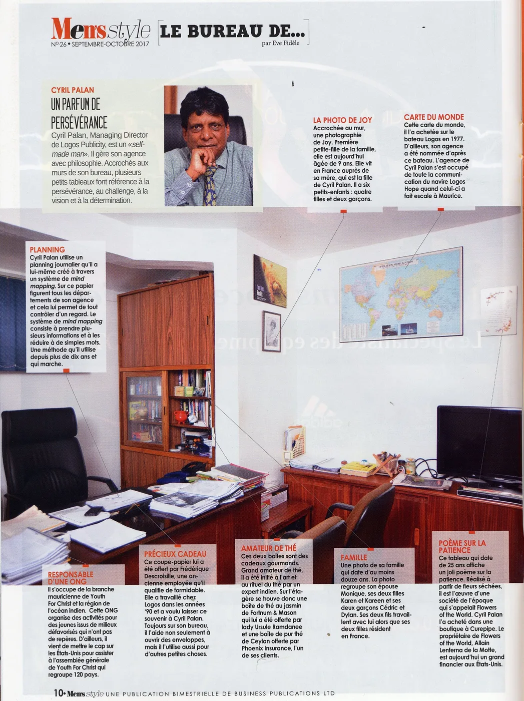 Men’s Style: Le bureau de Cyril Palan, 2017, Logos, Press excerpts, Logos Publicity Limited, Mauritius