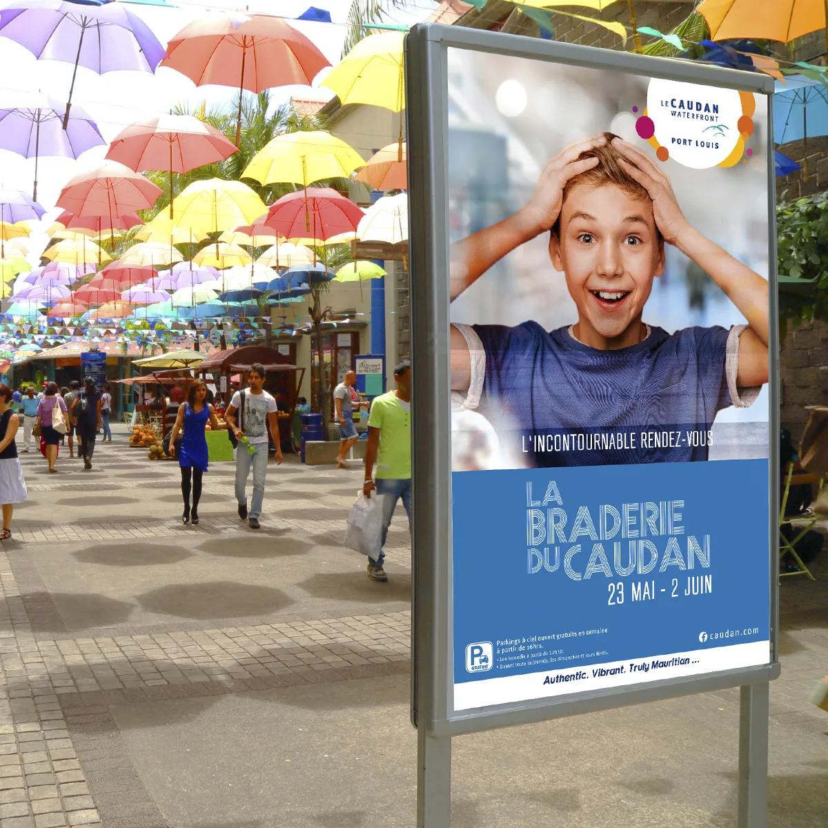 Caudan Braderie under umbrellas, Caudan, Outdoor & signage, Logos Publicity Limited, Mauritius