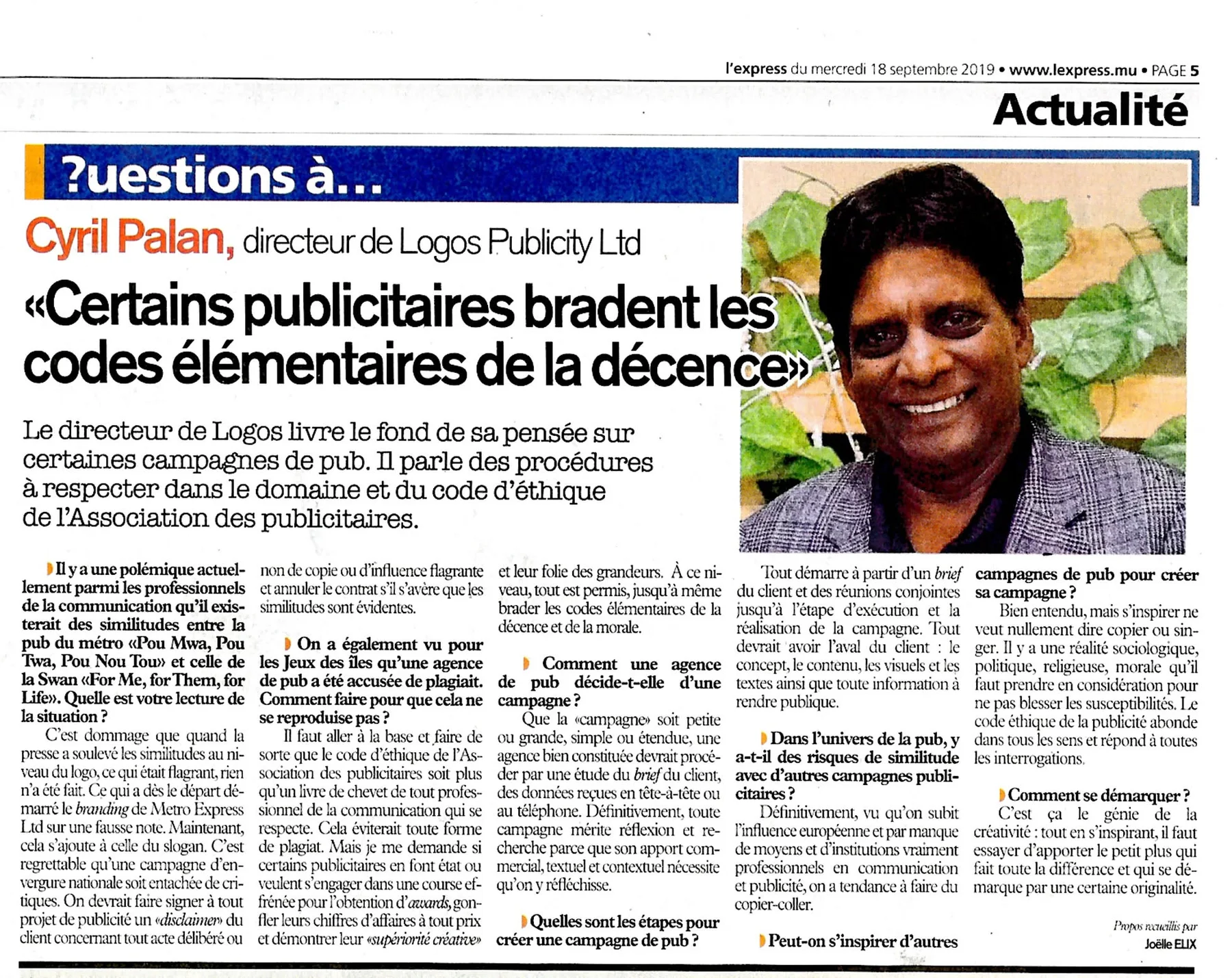 L’Express: Advertising and basic decency, 2019, Logos, Press excerpts, Logos Publicity Limited, Mauritius