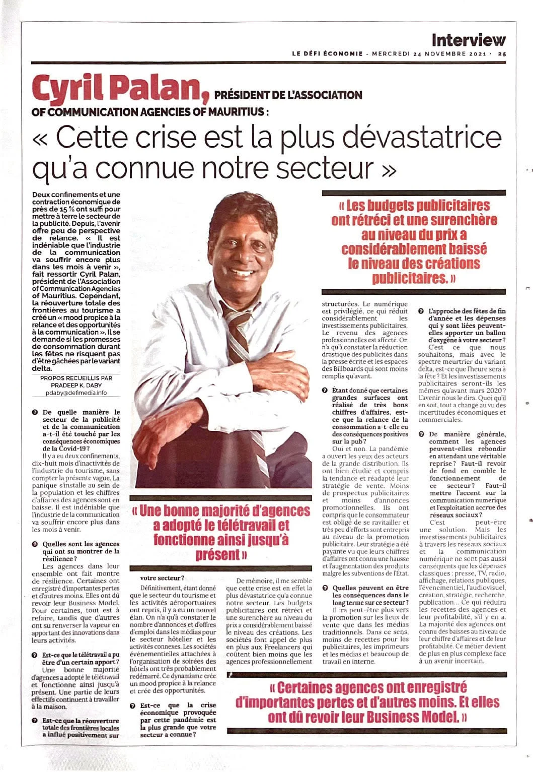 Le Défi: The most devastating crisis our sector has known, 2021, Logos, Press excerpts, Logos Publicity Limited, Mauritius