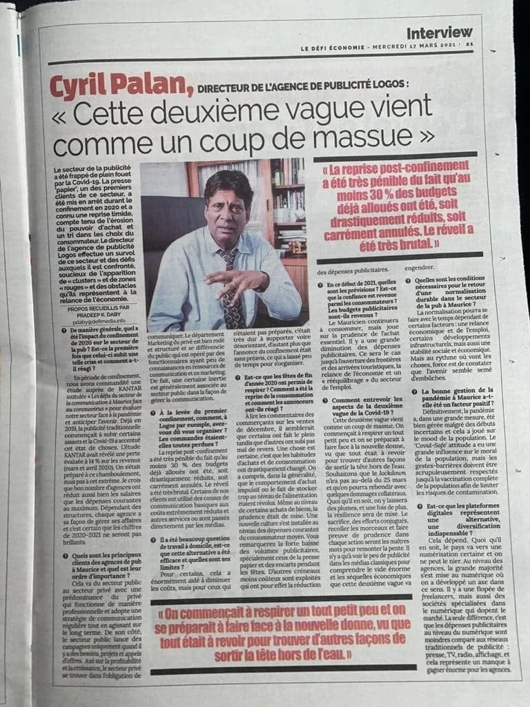 Le Défi: A second wave hits advertising, 2021, Logos, Press excerpts, Logos Publicity Limited, Mauritius