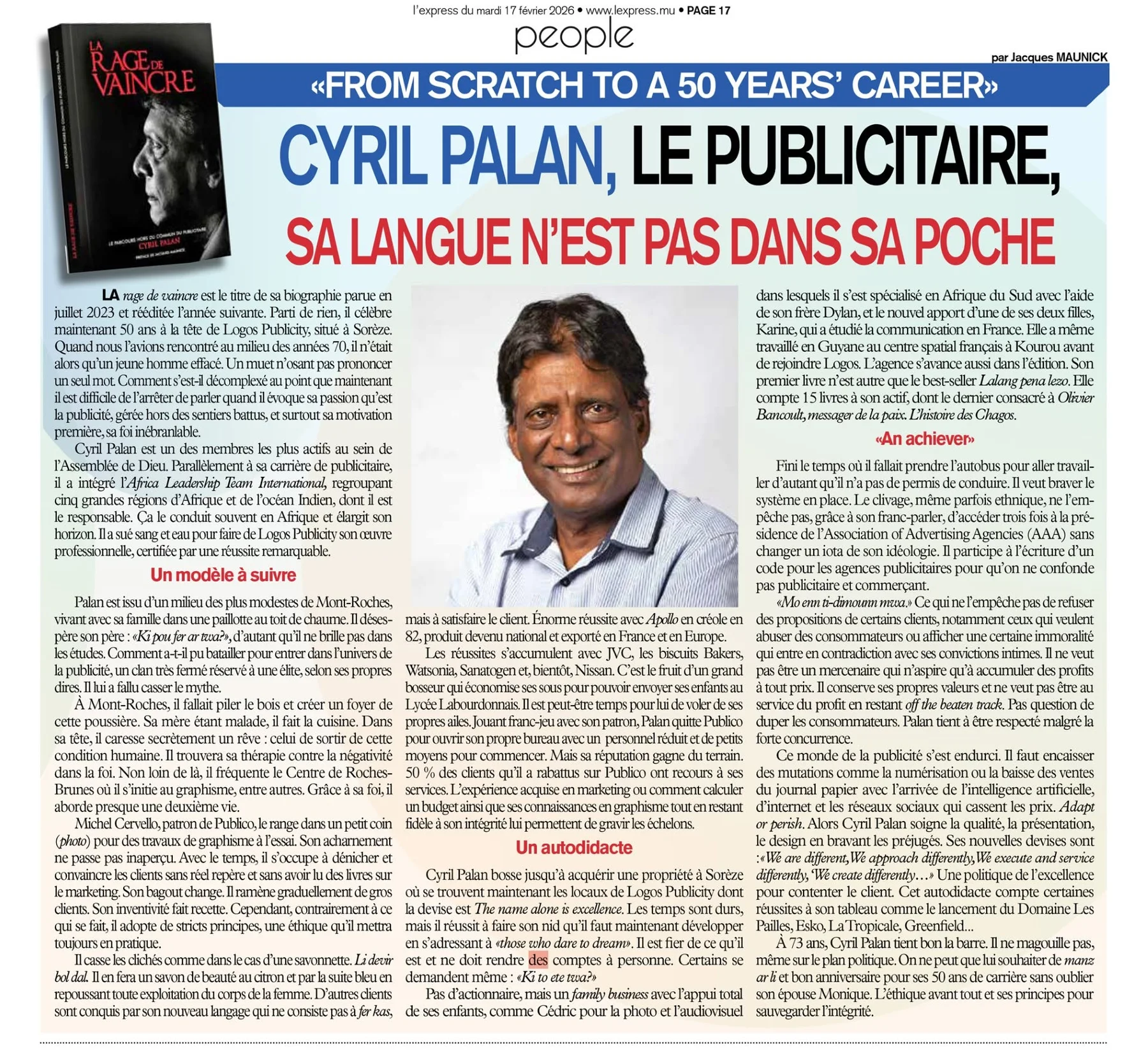L’Express: From scratch to a 50-year career, 2026, Logos, Press excerpts, Logos Publicity Limited, Mauritius