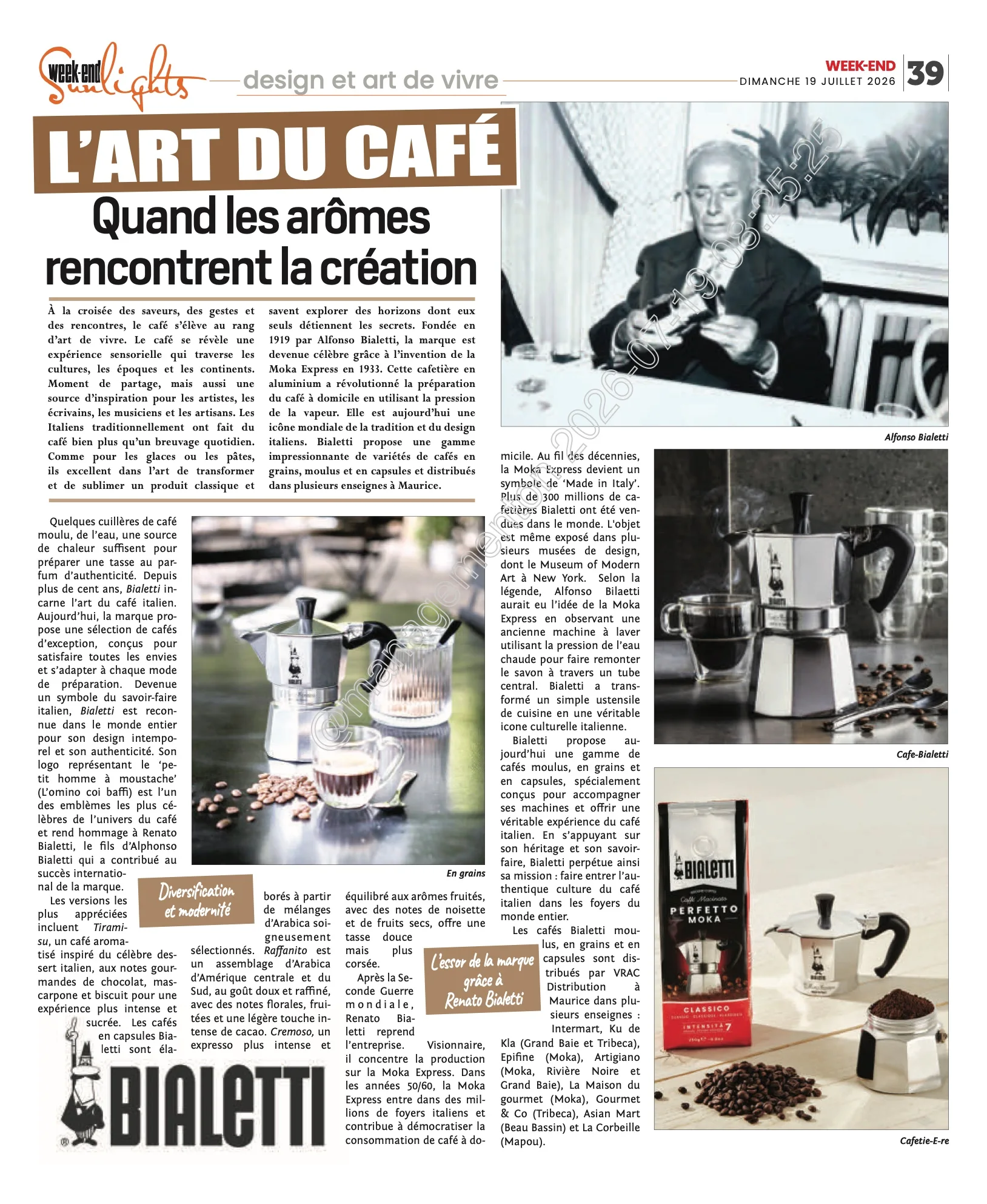 Week-End: The art of Bialetti coffee, 2026, Bialetti, Press excerpts, Logos Publicity Limited, Mauritius