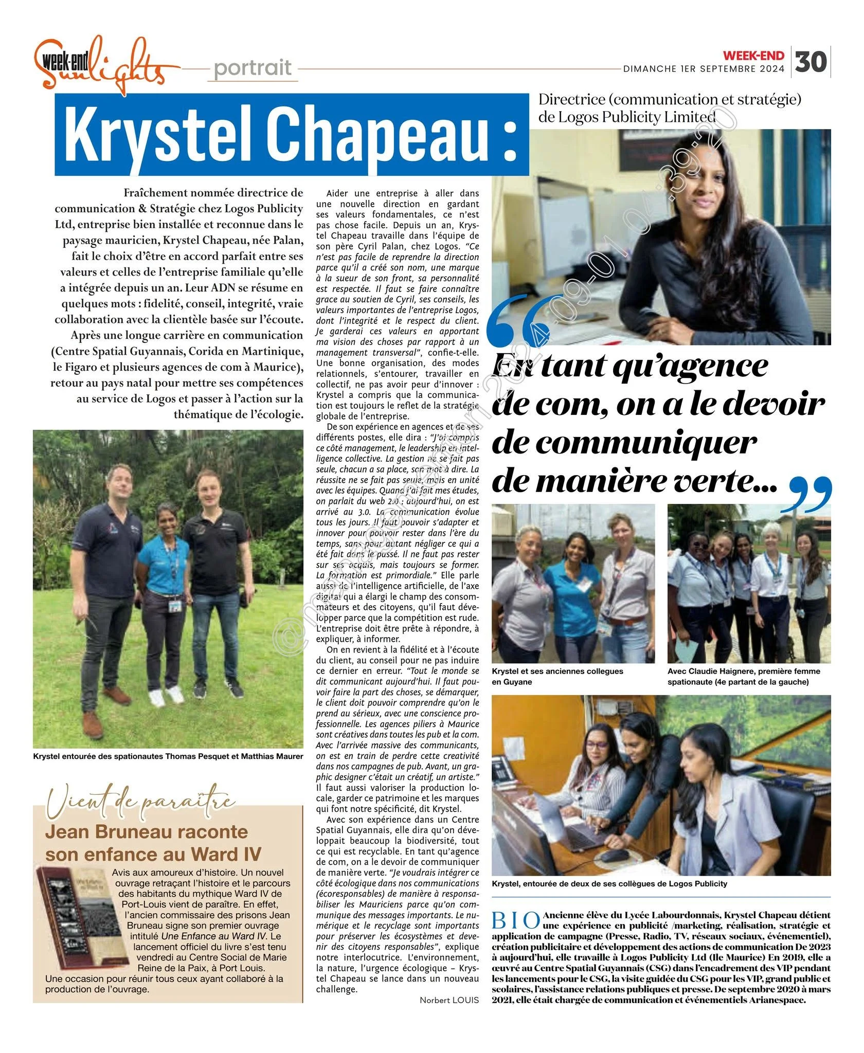 Week-End: Krystel Chapeau communicates differently, 2024, Logos, Press excerpts, Logos Publicity Limited, Mauritius