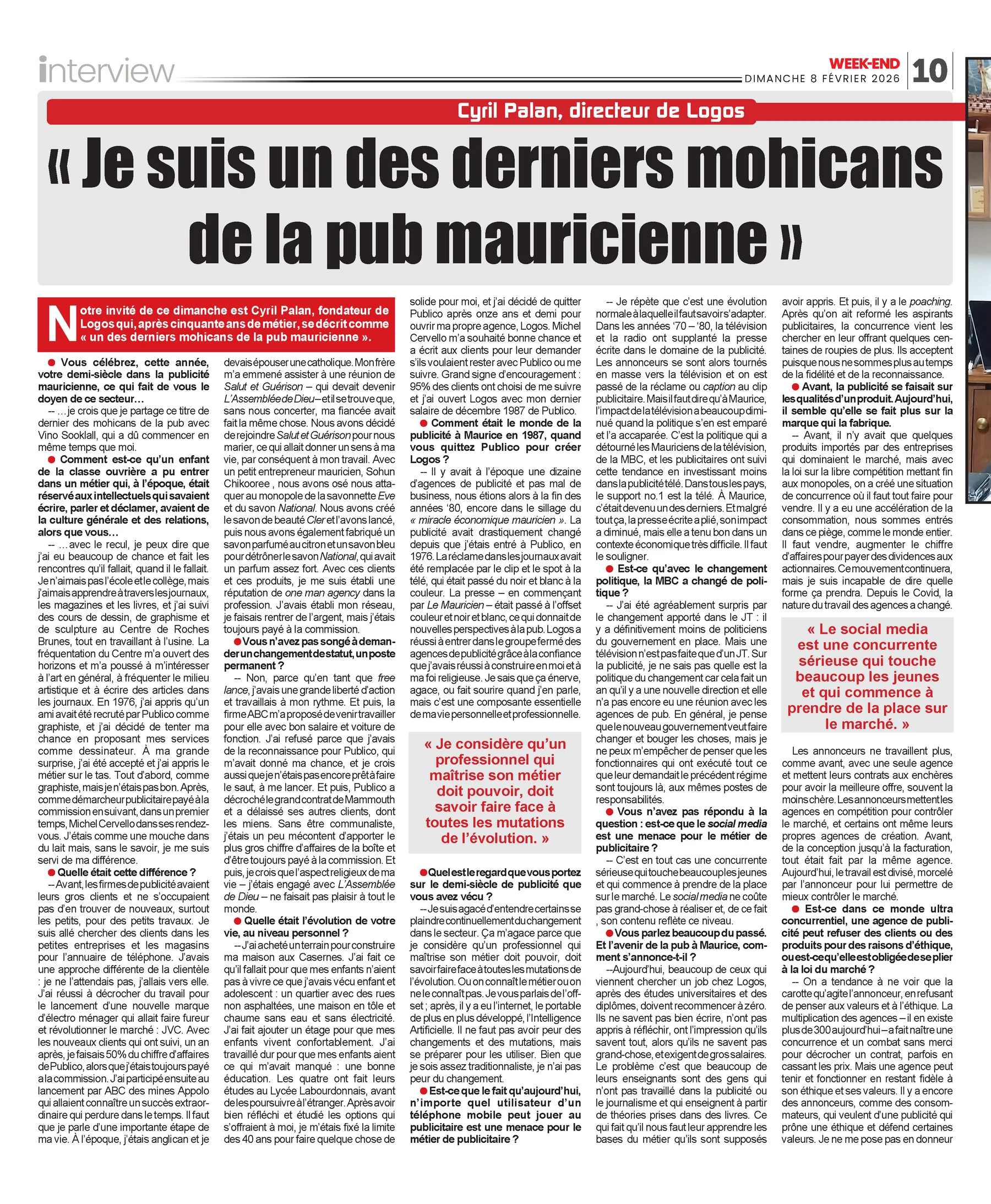 Week-End: One of the last advertising Mohicans, part 1, 2026, Logos, Press excerpts, Logos Publicity Limited, Mauritius