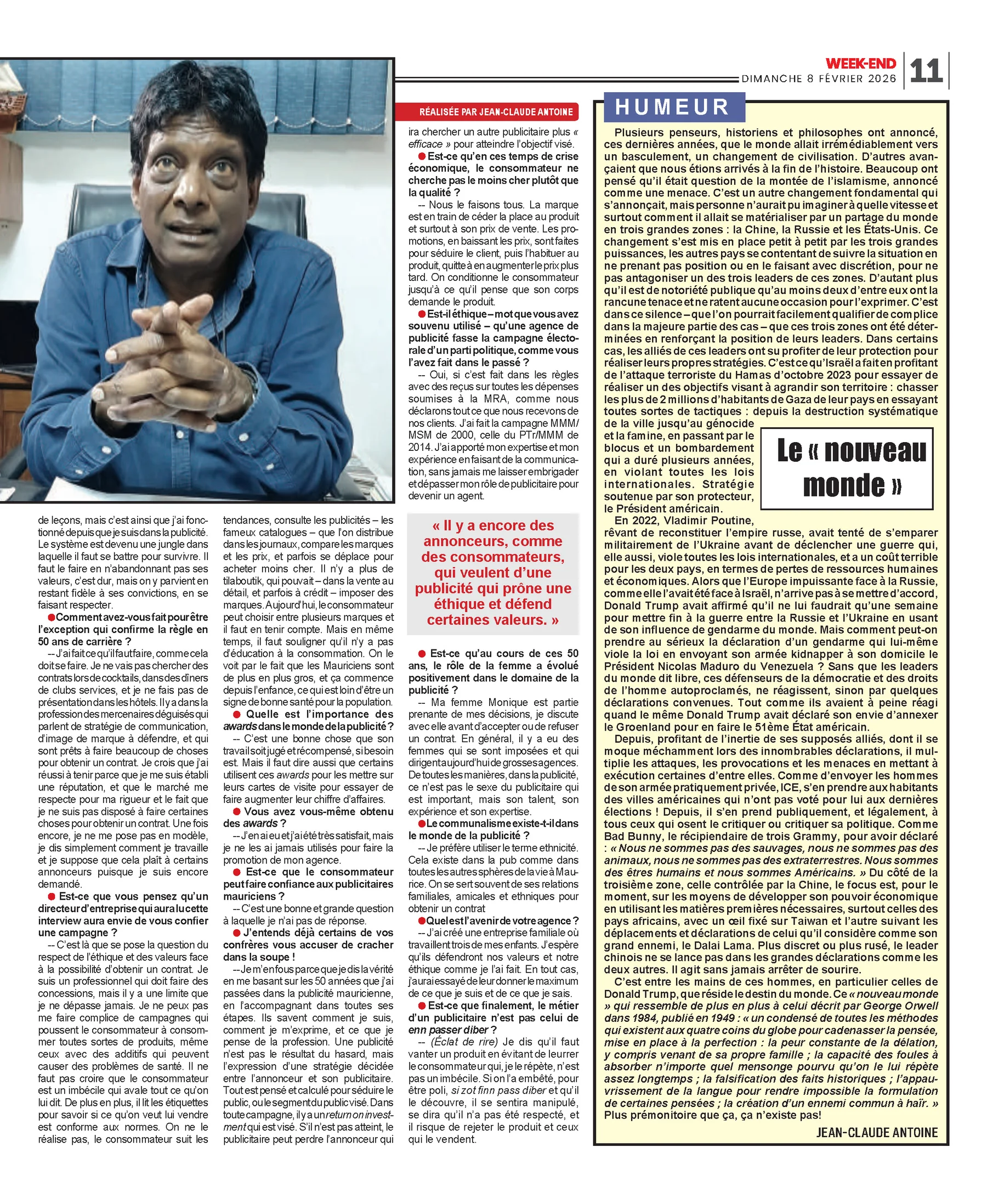 Week-End: One of the last advertising Mohicans, part 2, 2026, Logos, Press excerpts, Logos Publicity Limited, Mauritius