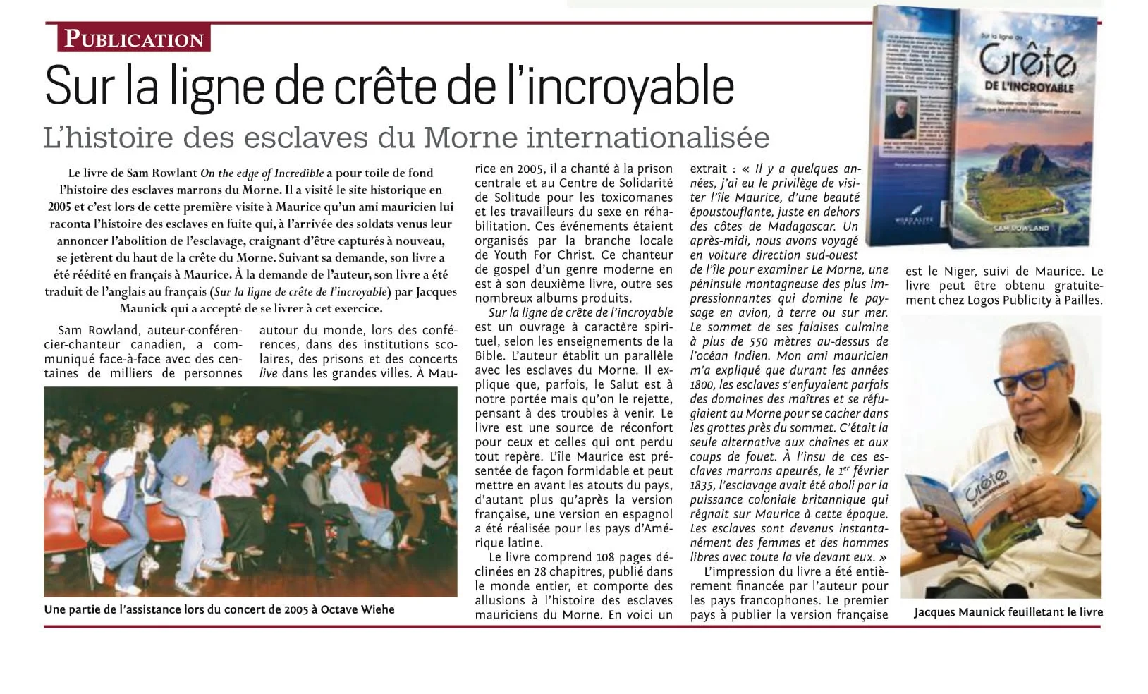 Sur la ligne de crête de l’incroyable, Logos, Press excerpts, Logos Publicity Limited, Mauritius